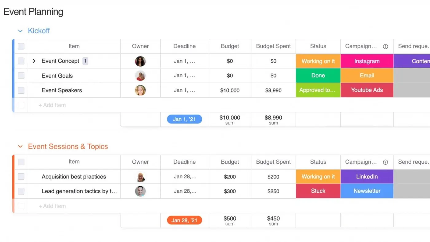 Monday.com event planning template