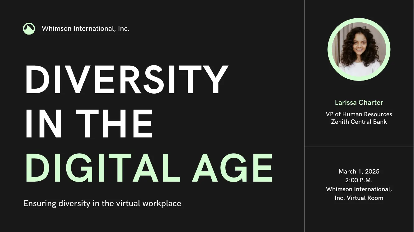 Example webinar title slide with the headline Diversity in the Digital Age. 