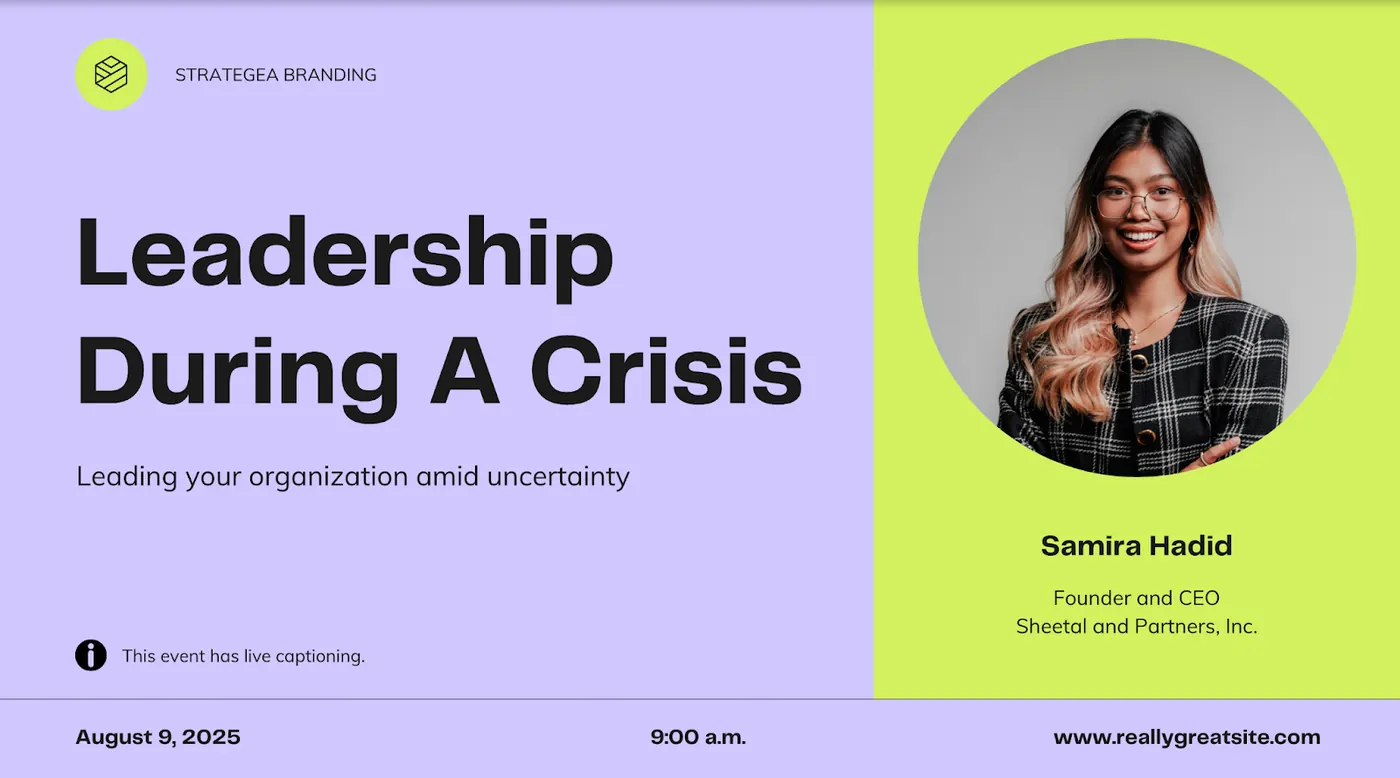 Example webinar title slide with the headline Leadership During a Crisis.