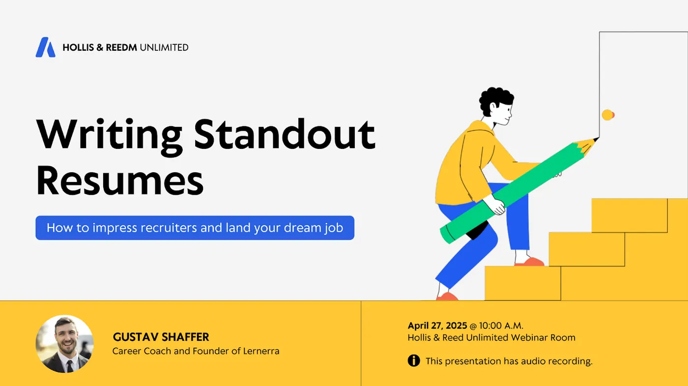 Example webinar title slide with the headline Writing Standout Resumes