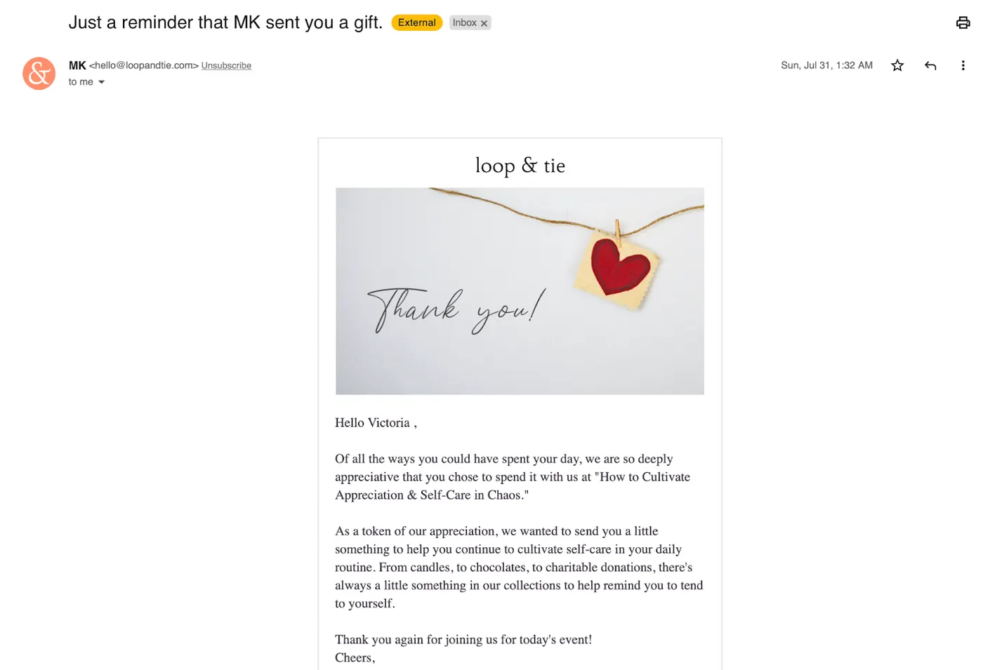Loop & Tie post webinar gift email reminder