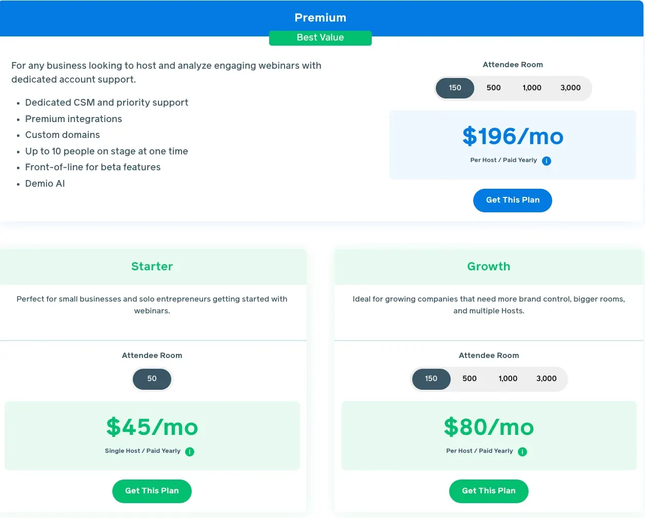 Demio pricing tiers