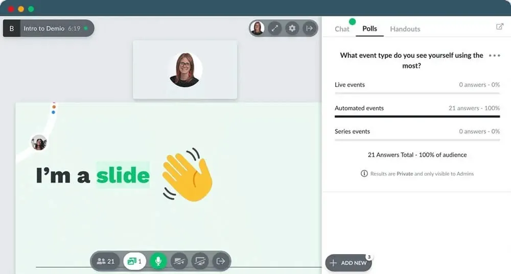A screenshot showing an interface of a Demio virtual event with the poll feature active.