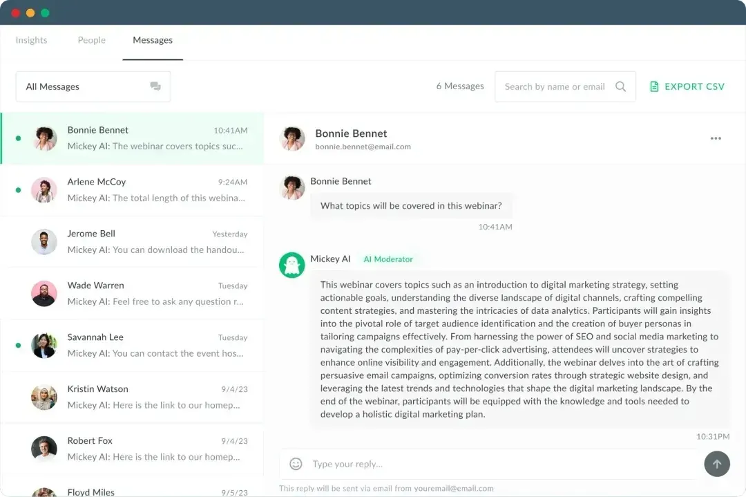 A screenshot of a Demio virtual event interface showing an AI moderator in action.