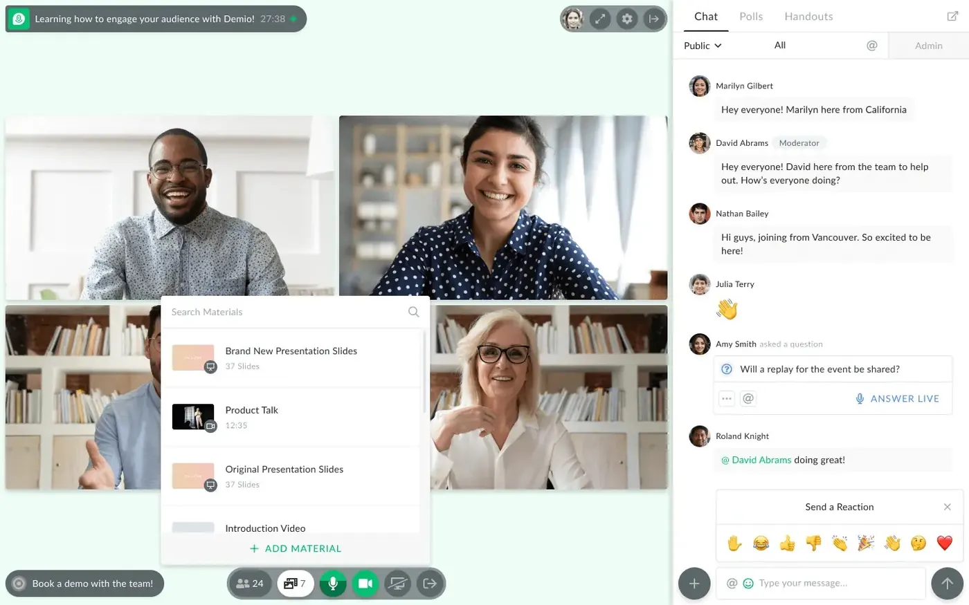 A screenshot of a Demio webinar interface, showing a group of four people in a virtual event. 