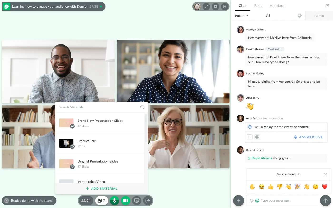Demio's engaging user experience in the webinar room