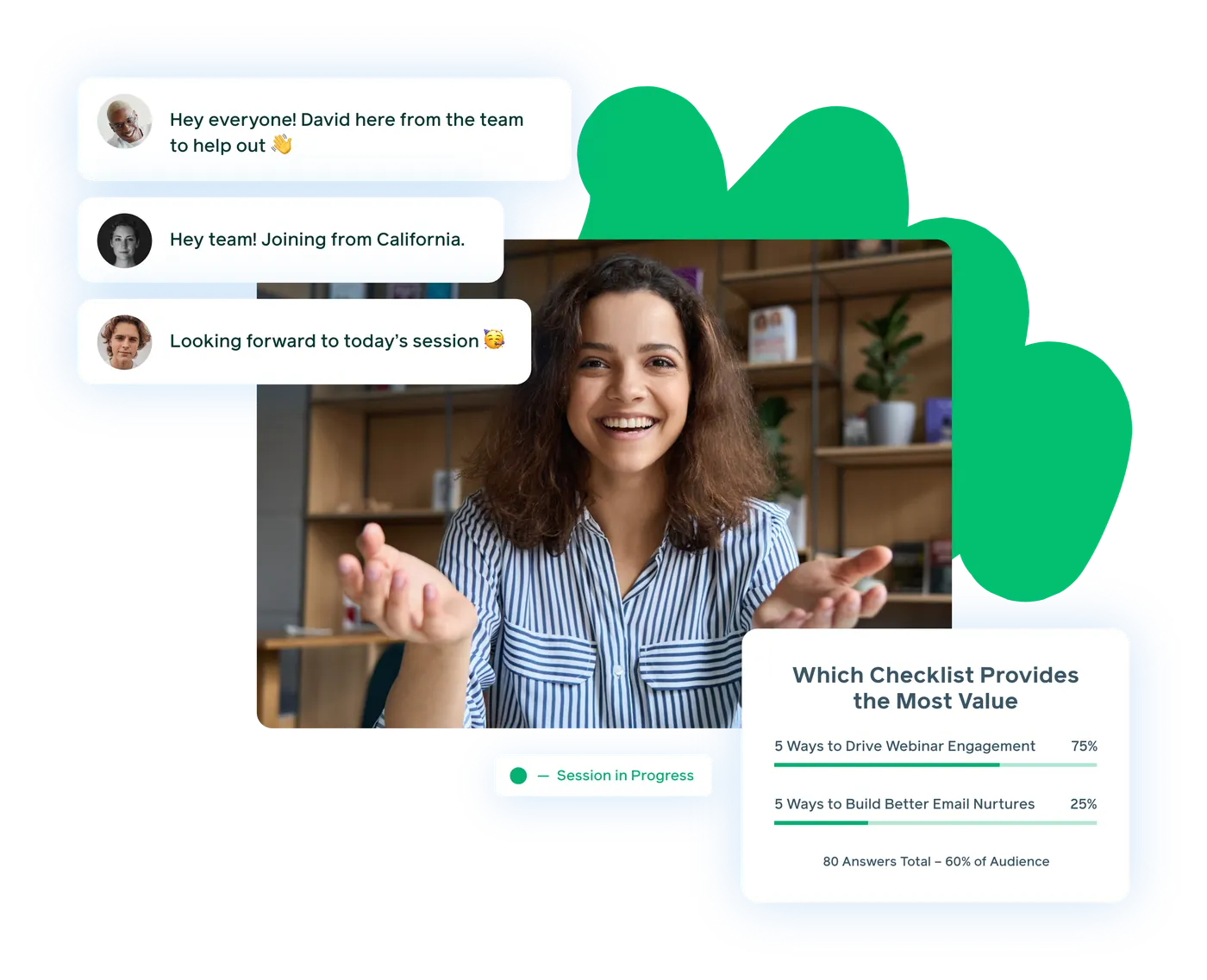 A picture of a smiling woman on a webinar screen