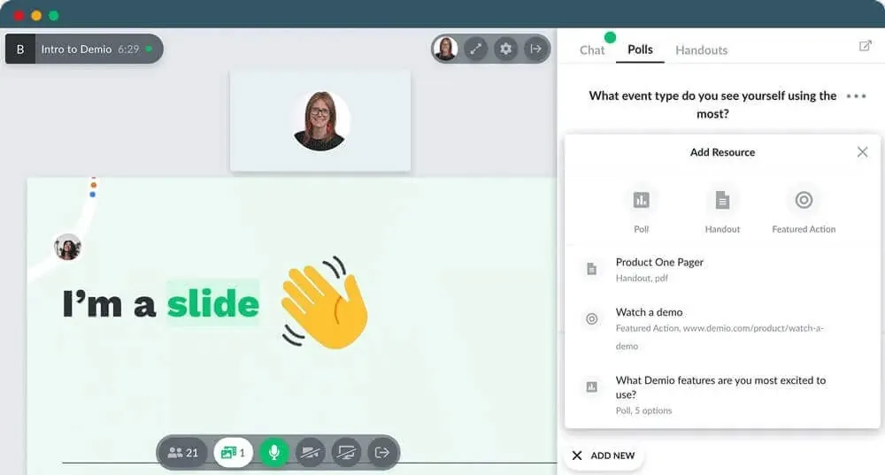 A Demio webinar showing a slideshow presentation alongside polling, resource sharing, and live chat