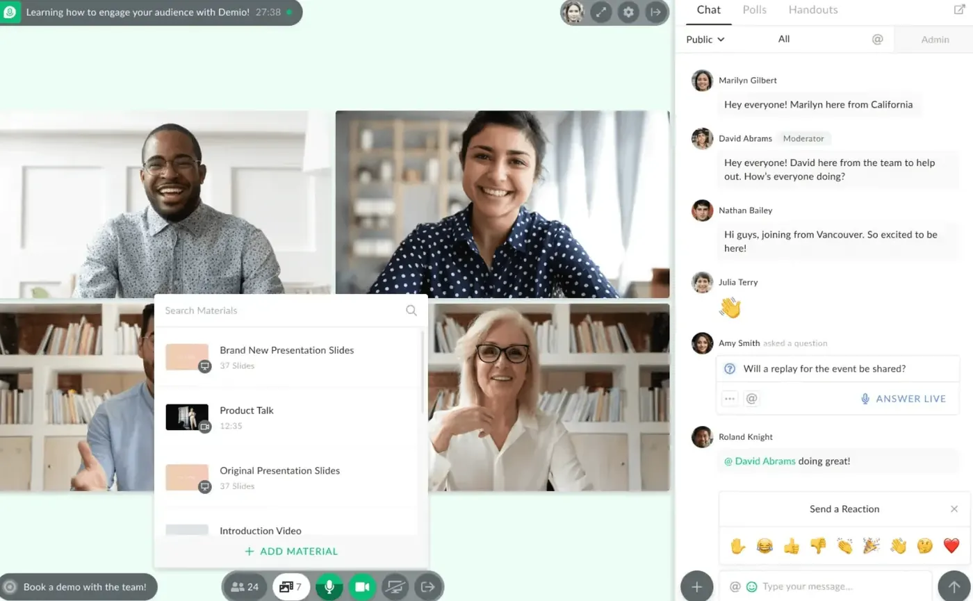 Demio live video hosting showing multiple engagement features