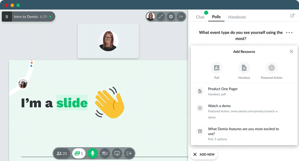 Demio showing chat, polls, handouts, and slides